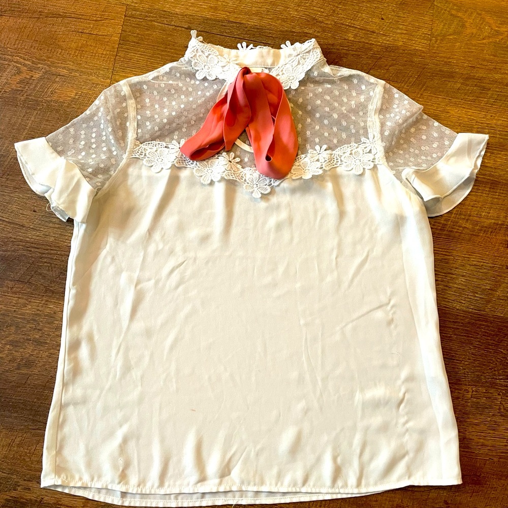 COPY - White Polka Dot and floral lace blouse with a pink bow size Medium